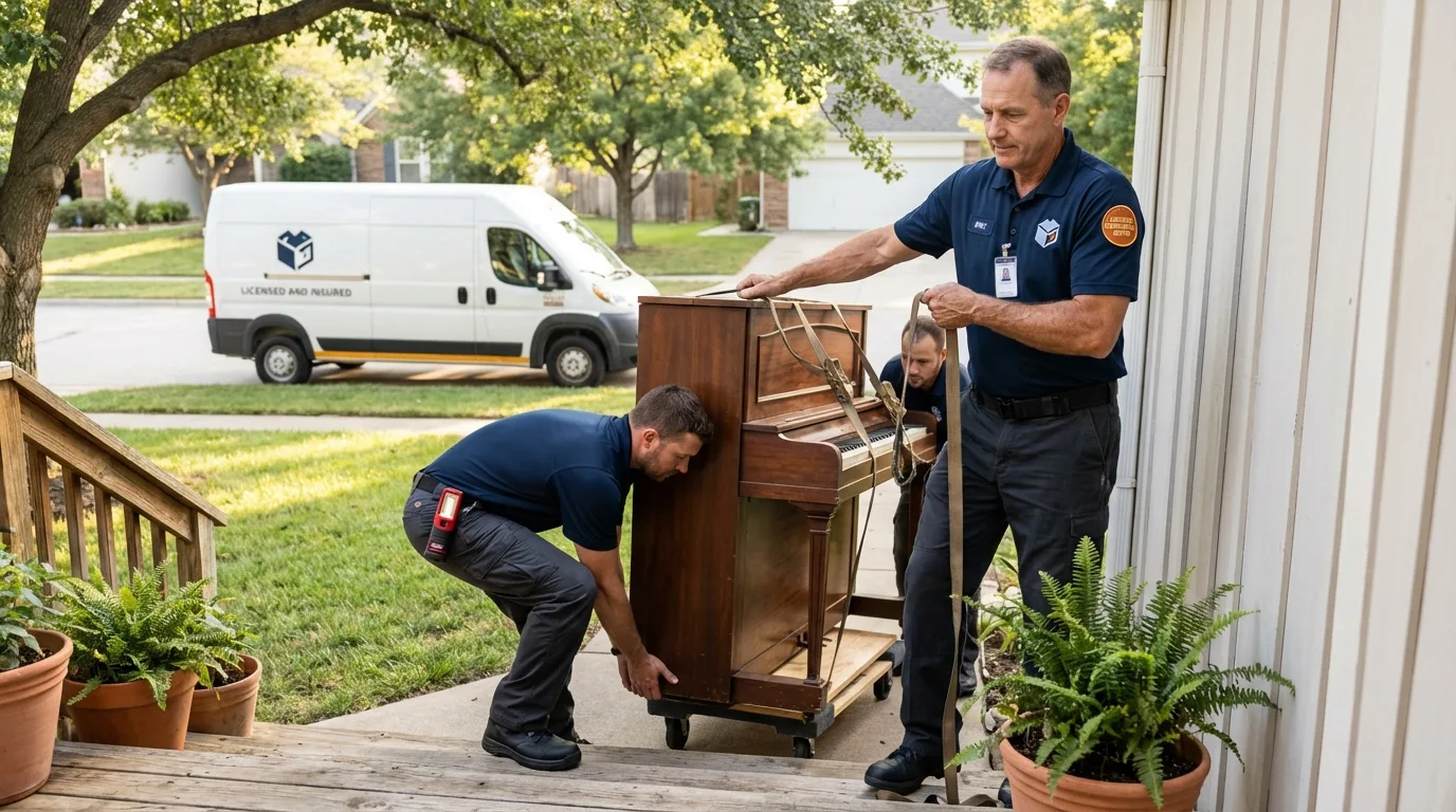 Licensed piano movers securing grand piano in Orlando, FL