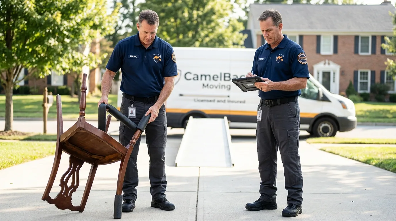 Movers inspecting furniture for damage prevention before loading in Orlando, FL