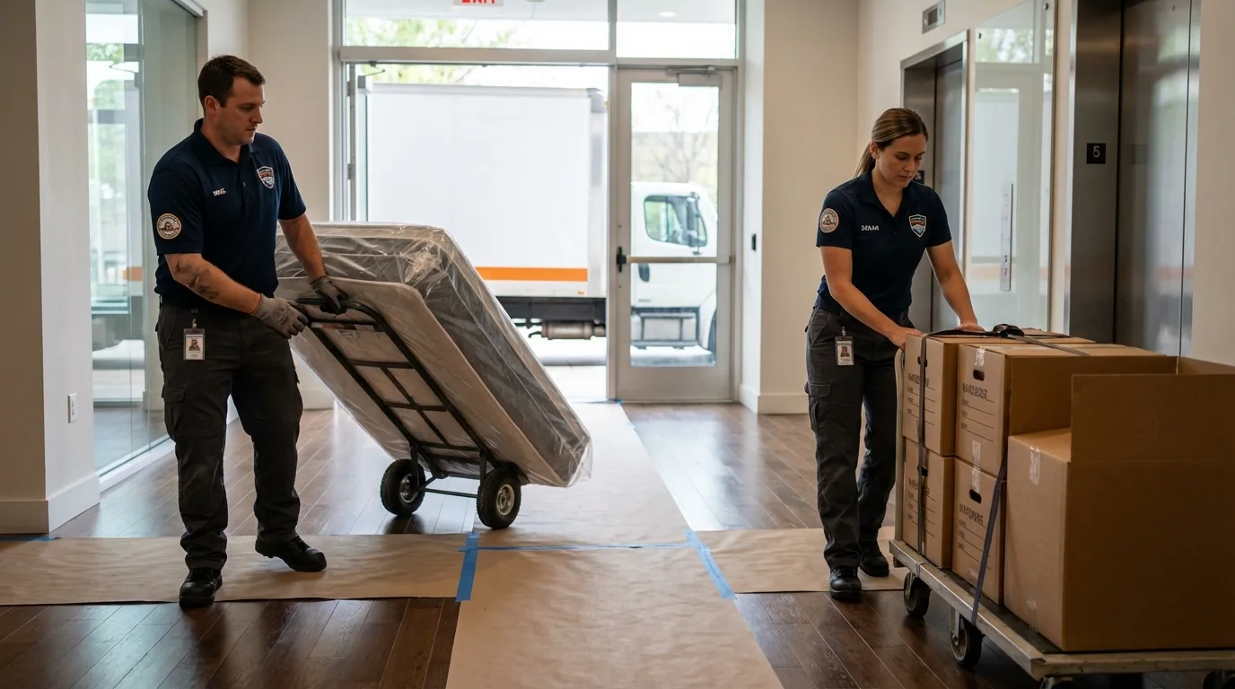 Professional apartment movers loading elevator in Orlando, FL