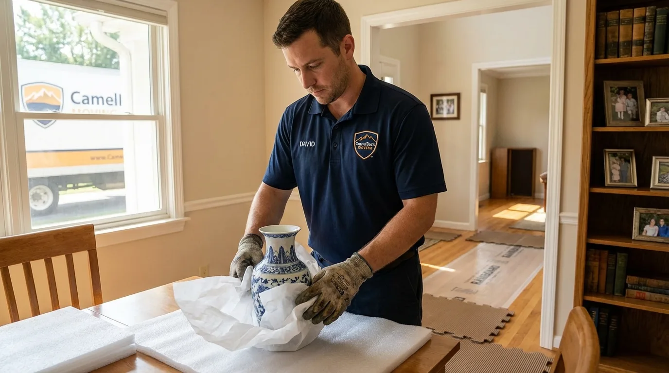 Professional crew carefully wrapping antique vase for senior downsizing move in Orlando, FL